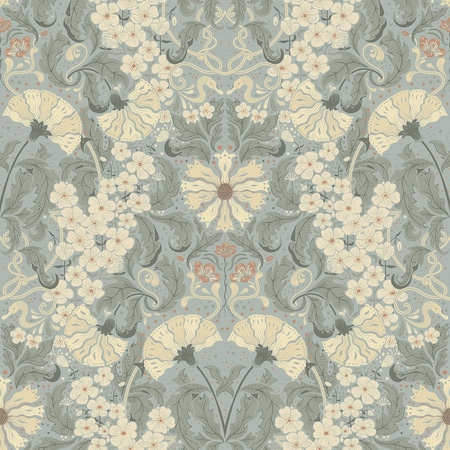 Manhattan Comfort Liverpool Ojvind Light Blue Floral Ogee 33 ft L X 209 in W Wallpaper BR4080-83115